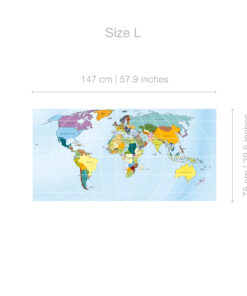 World map poster labeled 'Size L' with dimensions 147 cm by 57.9 inches (image shows the map on a light blue background).