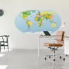 | Casadart | Vinis Autocolantes, Papel de Parede e Painéis Decorativos Office scene with a large world map mural behind a white desk and a laptop, brown swivel chair, and partial clock on the left wall.