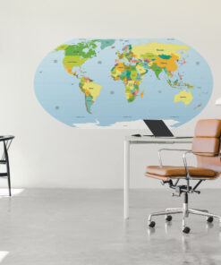 | Casadart | Vinis Autocolantes, Papel de Parede e Painéis Decorativos Office scene with a large world map mural behind a white desk and a laptop, brown swivel chair, and partial clock on the left wall.