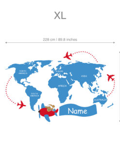 Blue stylized world map with continents, red airplanes and dotted travel routes circling the globe, and a blue 'Name' banner at the bottom left.