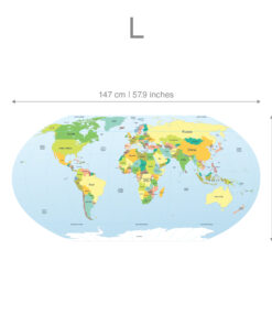 World map printed on a globe projection with a horizontal measurement line reading 147 cm | 57.9 inches above the map.