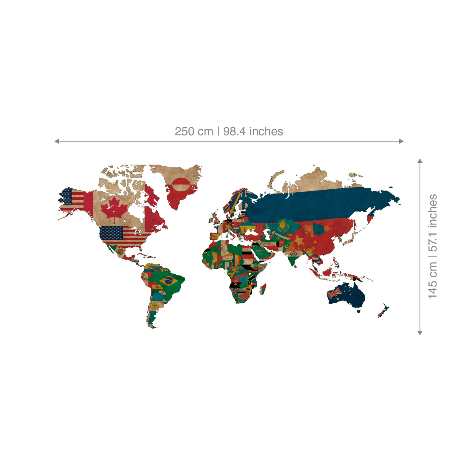 World map silhouette filled with flags from many countries