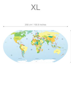 XL label above a world map globe with a horizontal scale showing 256 cm | 100.8 inches across, indicating size.