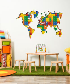| Casadart | Vinis Autocolantes, Papel de Parede e Painéis Decorativos Wall map mural made from colorful block pieces (LEGO-style) on a white wall in a children’s playroom, with wooden shelves and toys nearby.