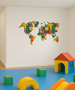 Colorful playroom with a world map mural made of interlocking blocks on the wall, a bright toy house, and soft foam shapes on a blue mat.