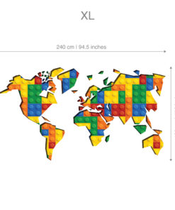 World map made from colorful LEGO bricks, labeled XL and 240 cm wide (94.5 inches).