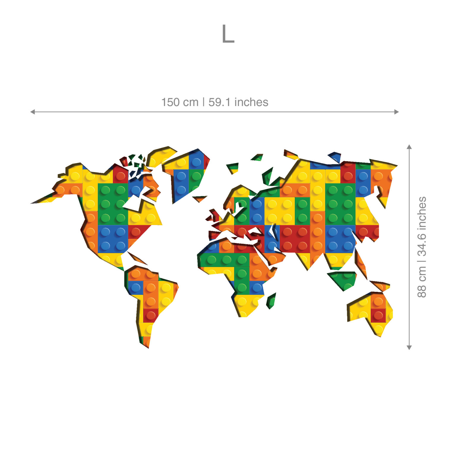 World map composed of colorful LEGO bricks, with scattered pieces and measurement scales along the sides.