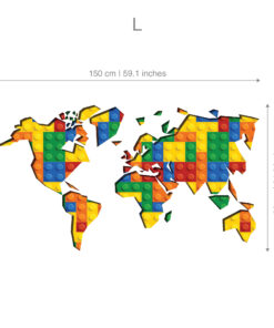 World map composed of colorful LEGO bricks, with scattered pieces and measurement scales along the sides.
