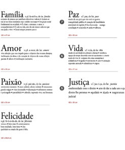 Two-column typographic glossary page showing seven Portuguese words (Família, Amor, Paixão, Felicidade, Paz, Vida, Justiça) with bold headers, pronunciations, and short definitions labeled 1–7.