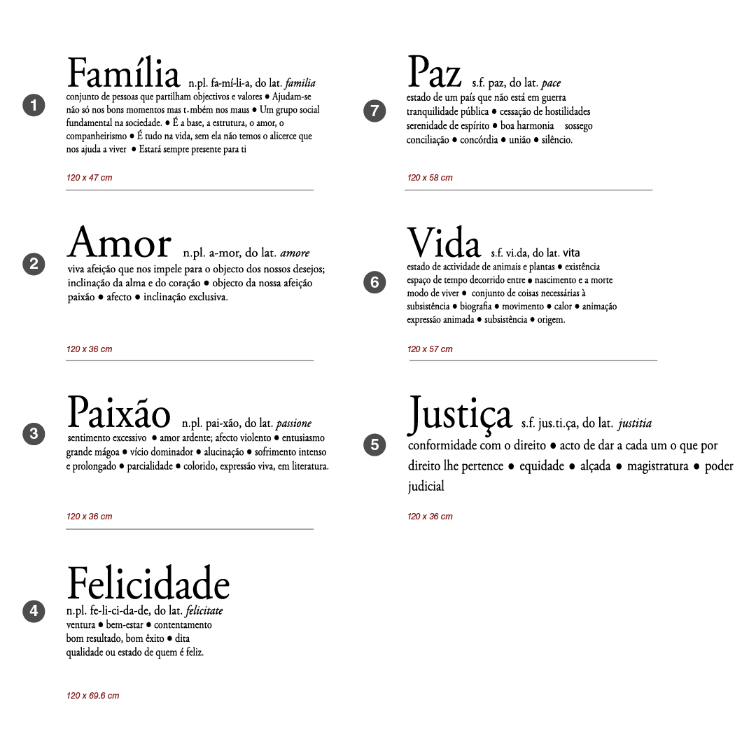 MEDIDAS-01 | Casadart | Vinis Autocolantes, Papel de Parede e Painéis Decorativos Two-column typographic glossary page showing seven Portuguese words (Família, Amor, Paixão, Felicidade, Paz, Vida, Justiça) with bold headers, pronunciations, and short definitions labeled 1–7.
