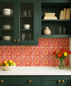 Green kitchen cabinet with glass doors displaying bowls, glasses, and a stack of books beside a vase; a bowl of citrus and a bouquet on the counter below.