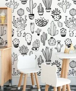 Padrão Cactus BW Tecido Mural Decorativo