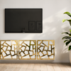 MOCKUP-FINAL | Casadart | Vinis Autocolantes, Papel de Parede e Painéis Decorativos Wall-mounted black Sony flat-screen TV on a light wall, with a green plant to the right and gold-framed geometric art below on a cabinet.