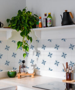 Shelf in a kitchen with a lush green plant, bottles of condiments, and a black kettle on the right against a tiled wall with blue geometric patterns
