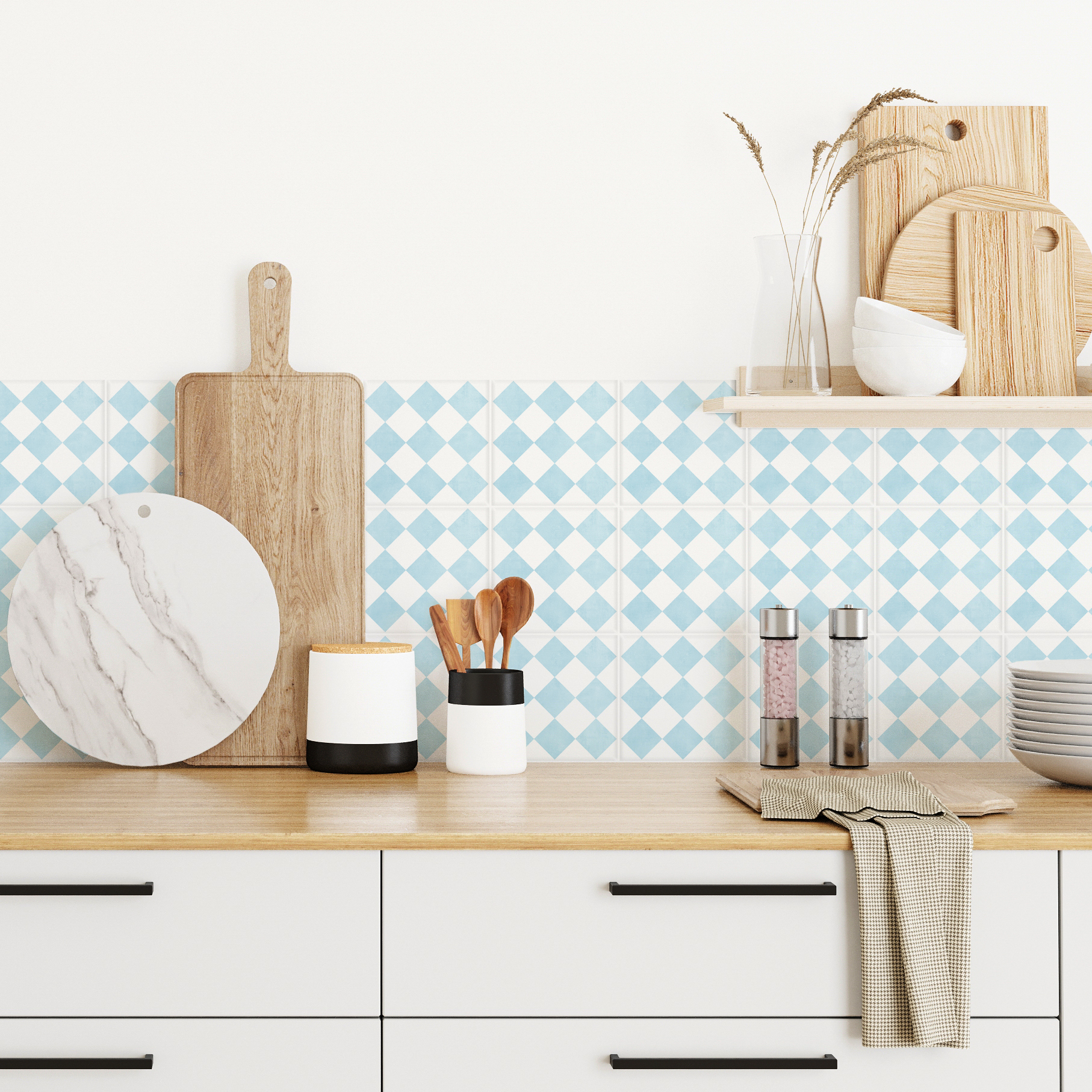 | Casadart | Vinis Autocolantes, Papel de Parede e Painéis Decorativos Kitchen counter with wooden cutting boards, marble round board, utensils, and salt/pepper grinders against blue diamond tile backsplash with white drawers below