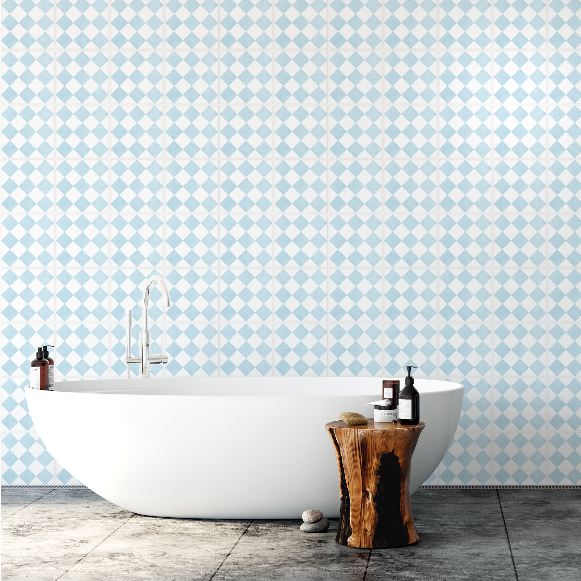 03 copy | Casadart | Vinis Autocolantes, Papel de Parede e Painéis Decorativos White freestanding bathtub in a bathroom with blue-and-white diamond tile walls; a wooden stump stool holds bath products.