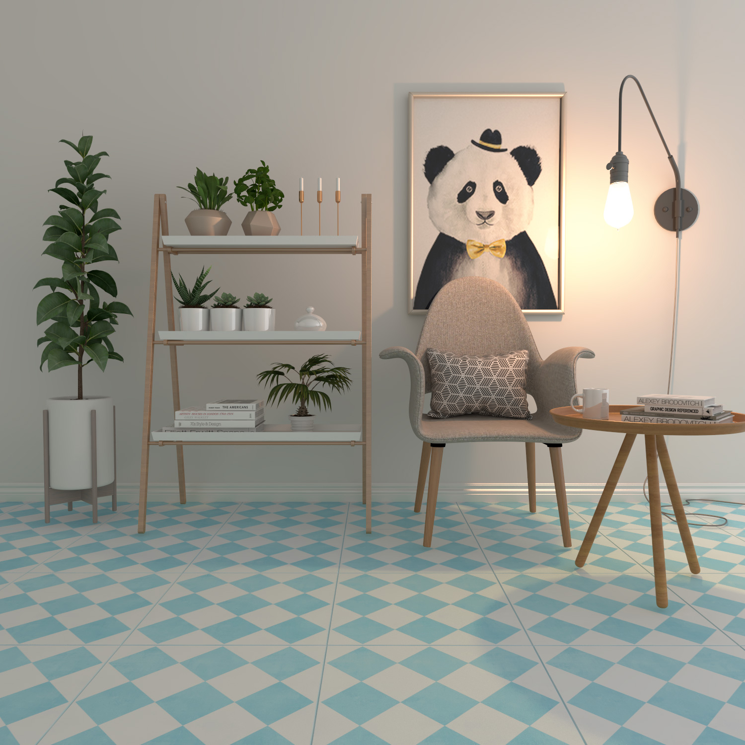1 | Casadart | Vinis Autocolantes, Papel de Parede e Painéis Decorativos Cozy reading nook with a beige armchair, standing lamp, panda artwork, and a wooden shelf holding plants and books against a pale wall.