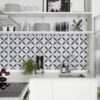 | Casadart | Vinis Autocolantes, Papel de Parede e Painéis Decorativos Open kitchen shelf area with stacked plates, glassware, and a framed map on the wall above white tile backsplash.