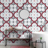 | Casadart | Vinis Autocolantes, Papel de Parede e Painéis Decorativos Bathroom scene with ornate geometric tile wall in red, black, and gray; vessel sink on a wooden table, chrome faucet, black metal shelving with towels, and a white bathtub nearby.