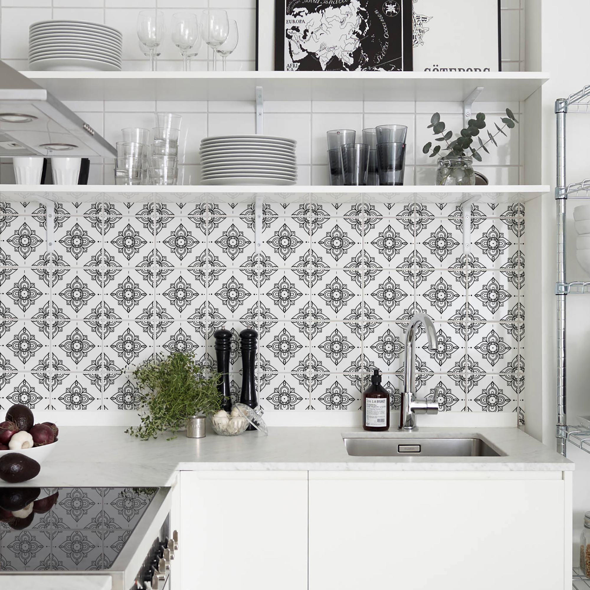 | Casadart | Vinis Autocolantes, Papel de Parede e Painéis Decorativos White kitchen with patterned tile backsplash, open shelves holding plates, glasses, and herbs near the sink.