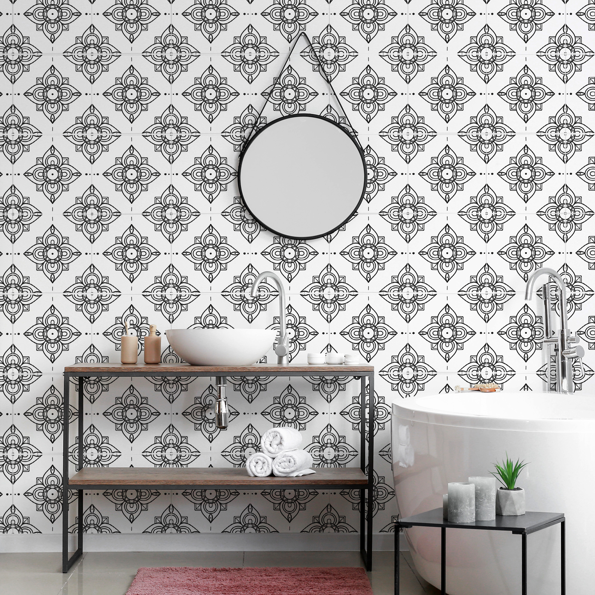 | Casadart | Vinis Autocolantes, Papel de Parede e Painéis Decorativos Modern bathroom with black-and-white geometric tiled wall, round wall mirror, and white vessel sink on a metal frame with pink rug below.