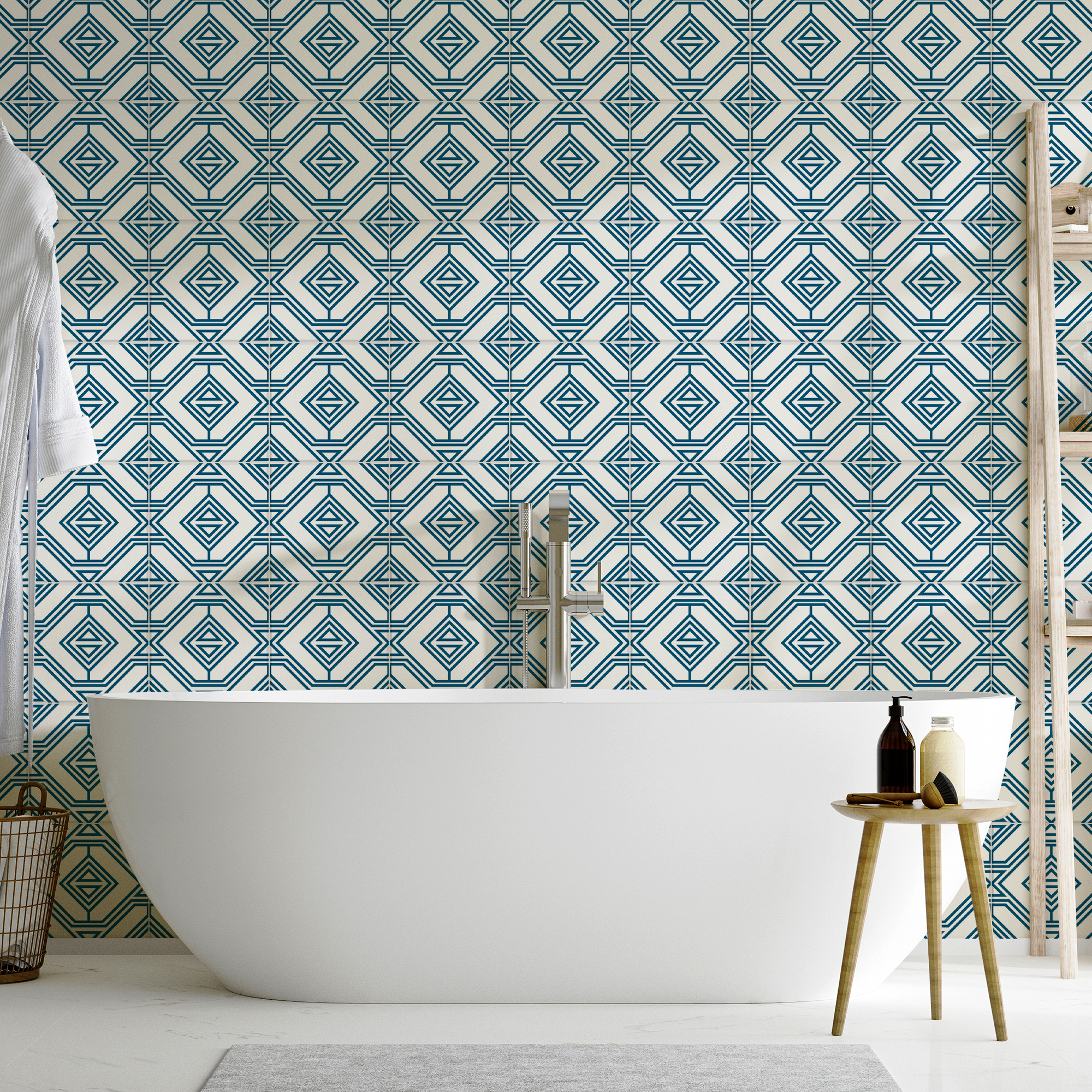 | Casadart | Vinis Autocolantes, Papel de Parede e Painéis Decorativos White freestanding bathtub in a bathroom with blue geometric diamond-pattern wallpaper; robe hangs on the left.