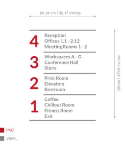 Floor plan legend with red numbered items 1–4 and grey labels for rooms and facilities, plus material swatches labeled PVC and VINYL.