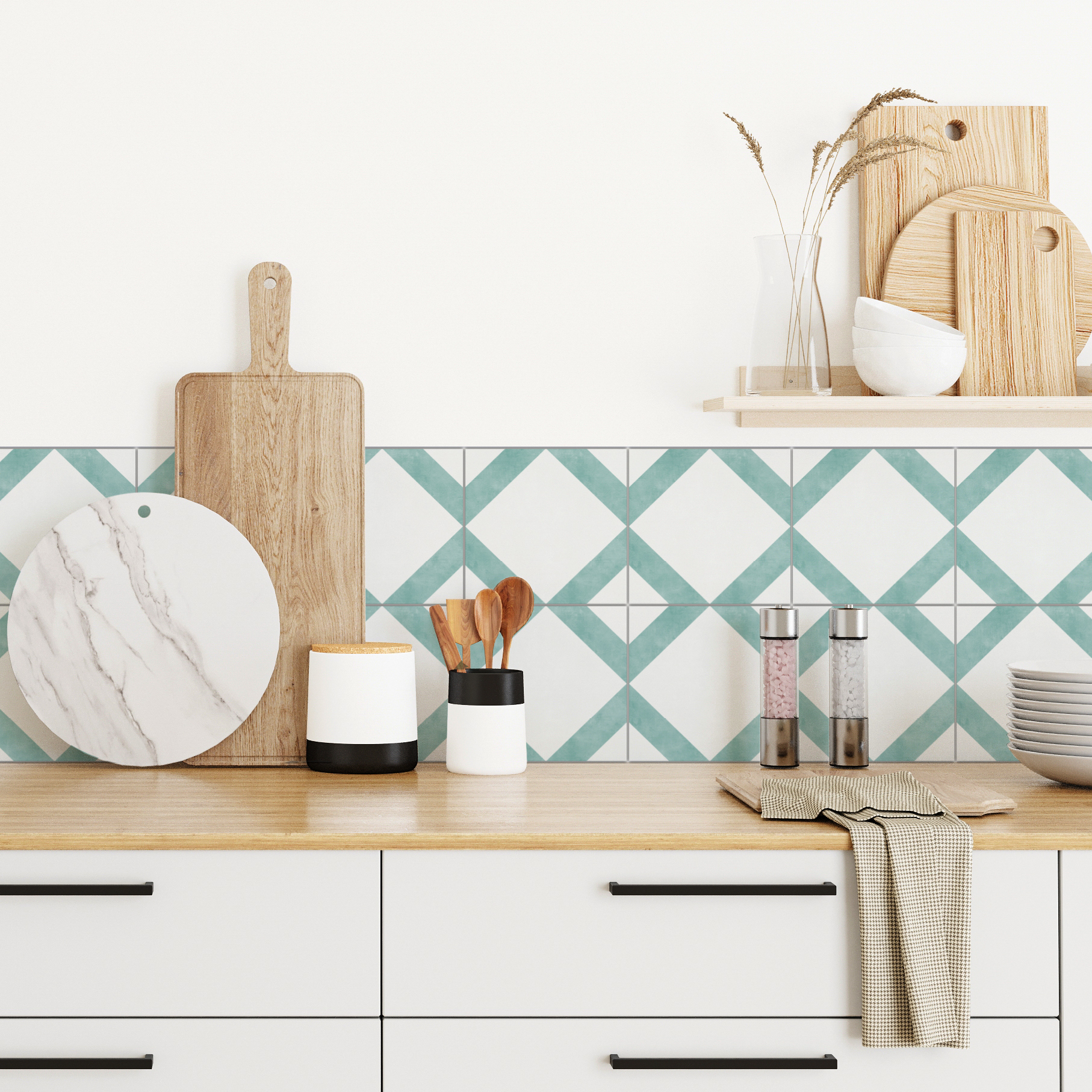 kitchen interior in farmhouse style wooden countertop with kitchen utencils stove 3d rendering | Casadart | Vinis Autocolantes, Papel de Parede e Painéis Decorativos Kitchen counter with stacked wooden cutting boards, a marble round board, utensils in a black-and-white holder, white cups, and a glass vase with dried grasses against a teal diamond tile backsplash.