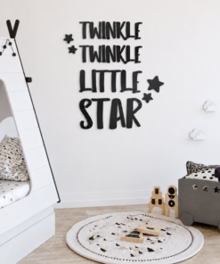Children's playroom wall with nursery rhyme text 'Twinkle Twinkle Little Star' and star shapes on the wall.