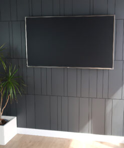 Wall-mounted LG flat-screen TV on a dark paneled wall, with a tall plant in a white planter to the left.