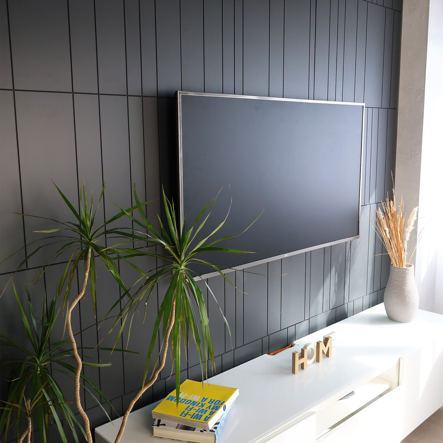 Living room with a large flat-screen TV mounted on a dark paneled wall, flanked by a tall plant and a white console with decorative wooden HOME letters nearby.