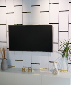 White paneled wall with gold accents, a mounted flat-screen TV, and decorative vases and a plant on a shelf below.