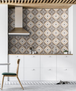Modern kitchen with white cabinetry, a wood range hood and shelves, and a brown-beige decorative tiled backsplash; wooden slatted ceiling and striped rug.
