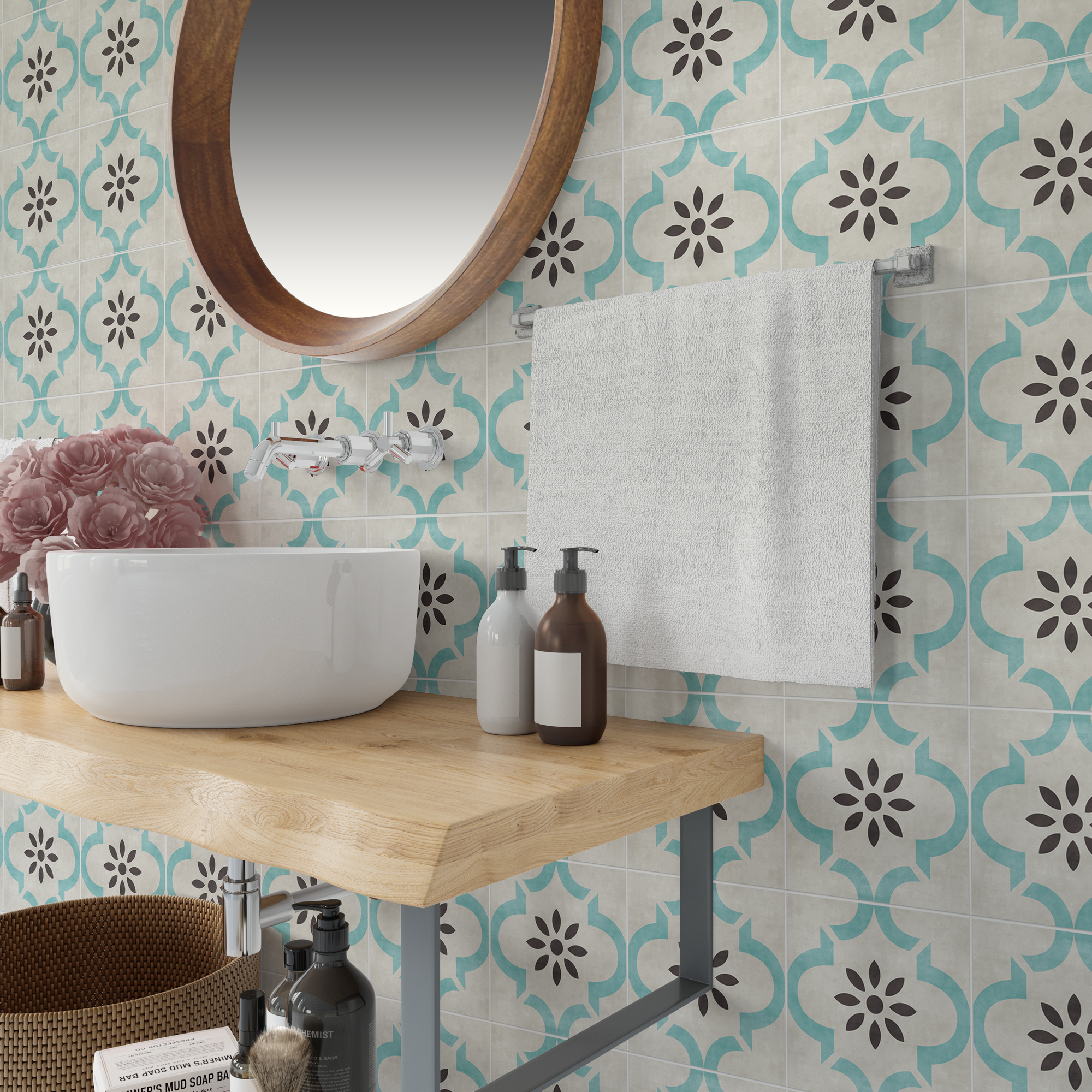 350-2 | Casadart | Vinis Autocolantes, Papel de Parede e Painéis Decorativos Bathroom vanity with a round wooden-framed mirror, curved white sink, and turquoise patterned wall tiles; bottles on a wooden shelf nearby.