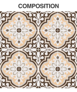 Nine decorative ceramic tiles arranged in a 3x3 grid with an ornate brown, beige, and cream motif.