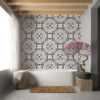 | Casadart | Vinis Autocolantes, Papel de Parede e Painéis Decorativos White freestanding bathtub in a contemporary bathroom with black-and-white patterned tile, exposed wooden beams, and a pink flowering tree.