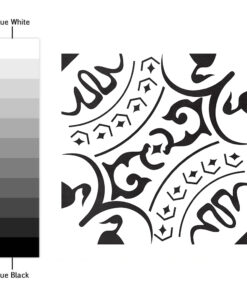 Ornate black-and-white decorative pattern with scrolling curves, shown beside a grayscale bar from white to black.