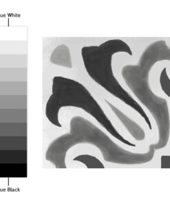Abstract grayscale painting with sweeping black and gray curves on a light background; a grayscale bar runs along the left edge from white to black.