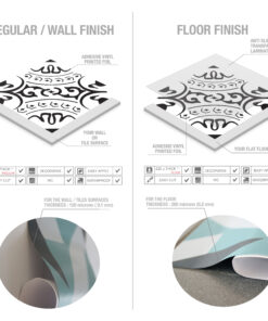 Split image: left shows wall finish with decorative vinyl printed foil; right shows floor finish with anti-slip laminated surface.