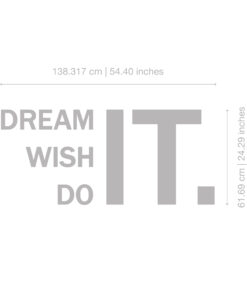 Infographic fragment with large gray text reading 'DREAM' and 'WISH' and light gray bars, plus a top measurement line reading '138.317 cm | 54.40 inches'.