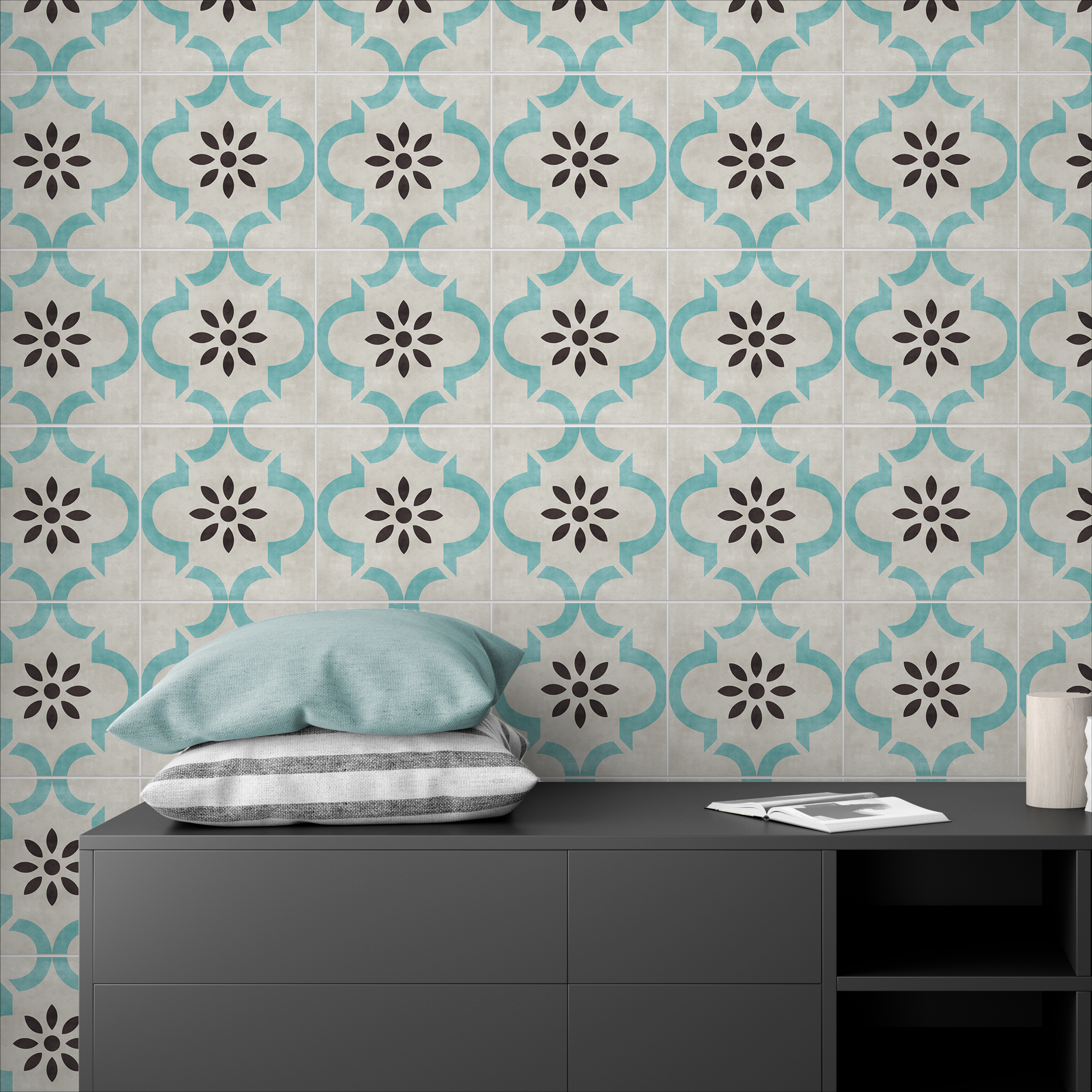 | Casadart | Vinis Autocolantes, Papel de Parede e Painéis Decorativos Patterned tile wall with teal interlocking shapes and black floral centers behind a dark gray dresser and blue cushions on top.