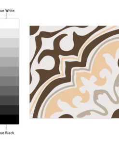 Grayscale gradient swatch from True White to True Black next to a square abstract artwork with brown, beige, and cream swirling shapes.