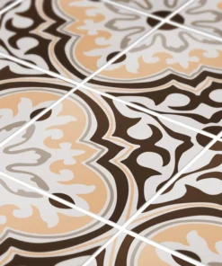 Decorative tile pattern in brown, beige, and white with ornate scrolling motifs and white grout lines diagonal across the image.