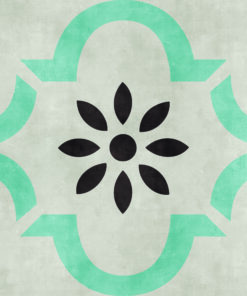Abstract eco-friendly illustration: teal circular arrows around a black flower motif on a light textured background.