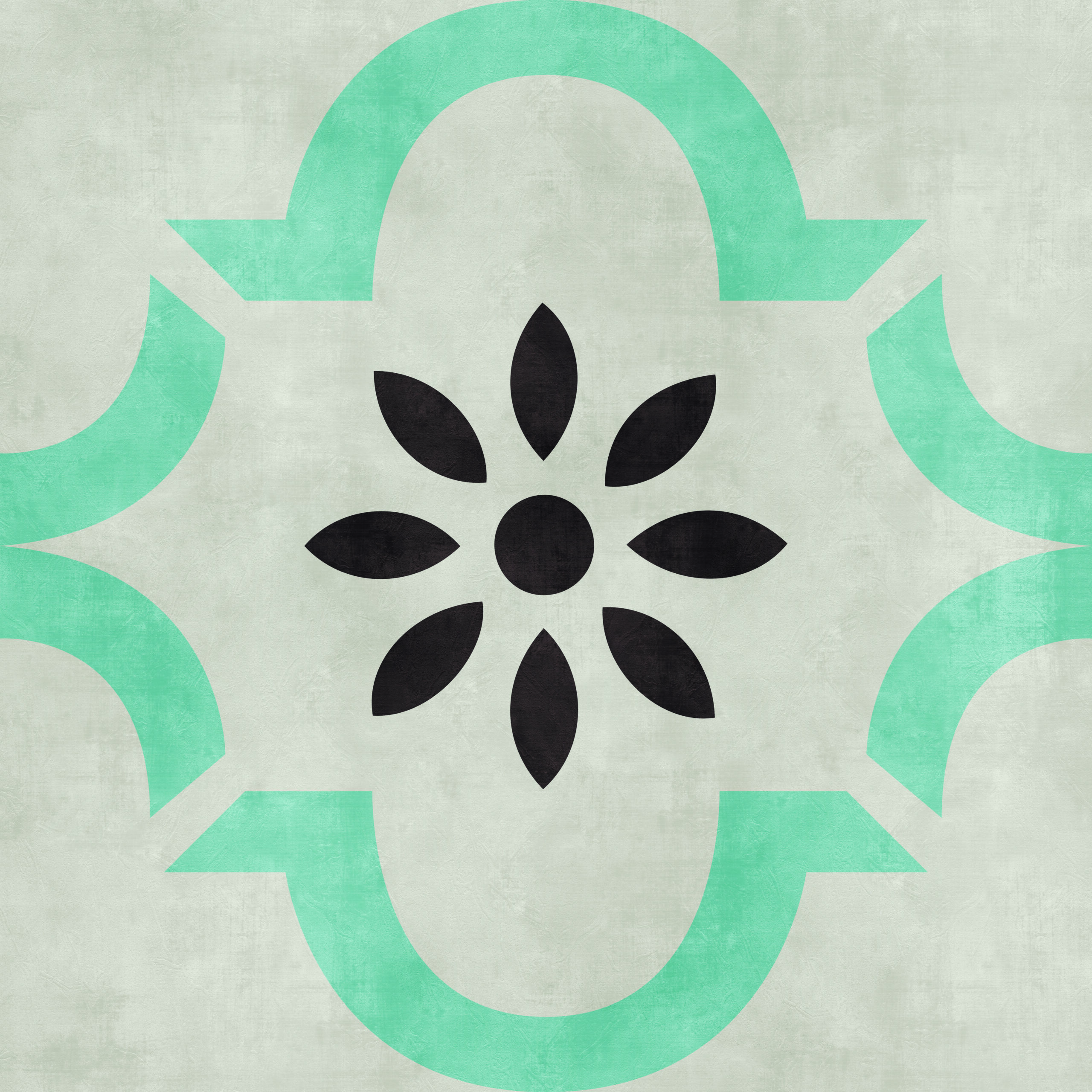 model | Casadart | Vinis Autocolantes, Papel de Parede e Painéis Decorativos Abstract eco-friendly illustration: teal circular arrows around a black flower motif on a light textured background.