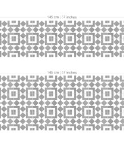 Decorative geometric tile pattern with gray square- and diamond-shaped motifs on a white background, showing measurement labels along the edges (145 cm / 57 inches).