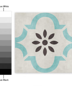 Decorative tile panel with teal quatrefoil motifs and a dark brown floral center on a light textured background.