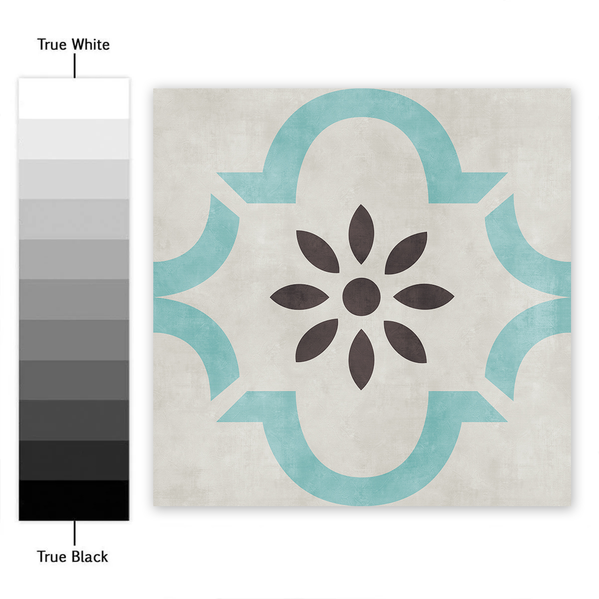 | Casadart | Vinis Autocolantes, Papel de Parede e Painéis Decorativos Decorative tile panel with teal quatrefoil motifs and a dark brown floral center on a light textured background.