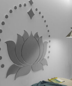 Decorative gray wall mural of a stylized lotus with a circular dotted border; a floor lamp and a magazine on a small table nearby.