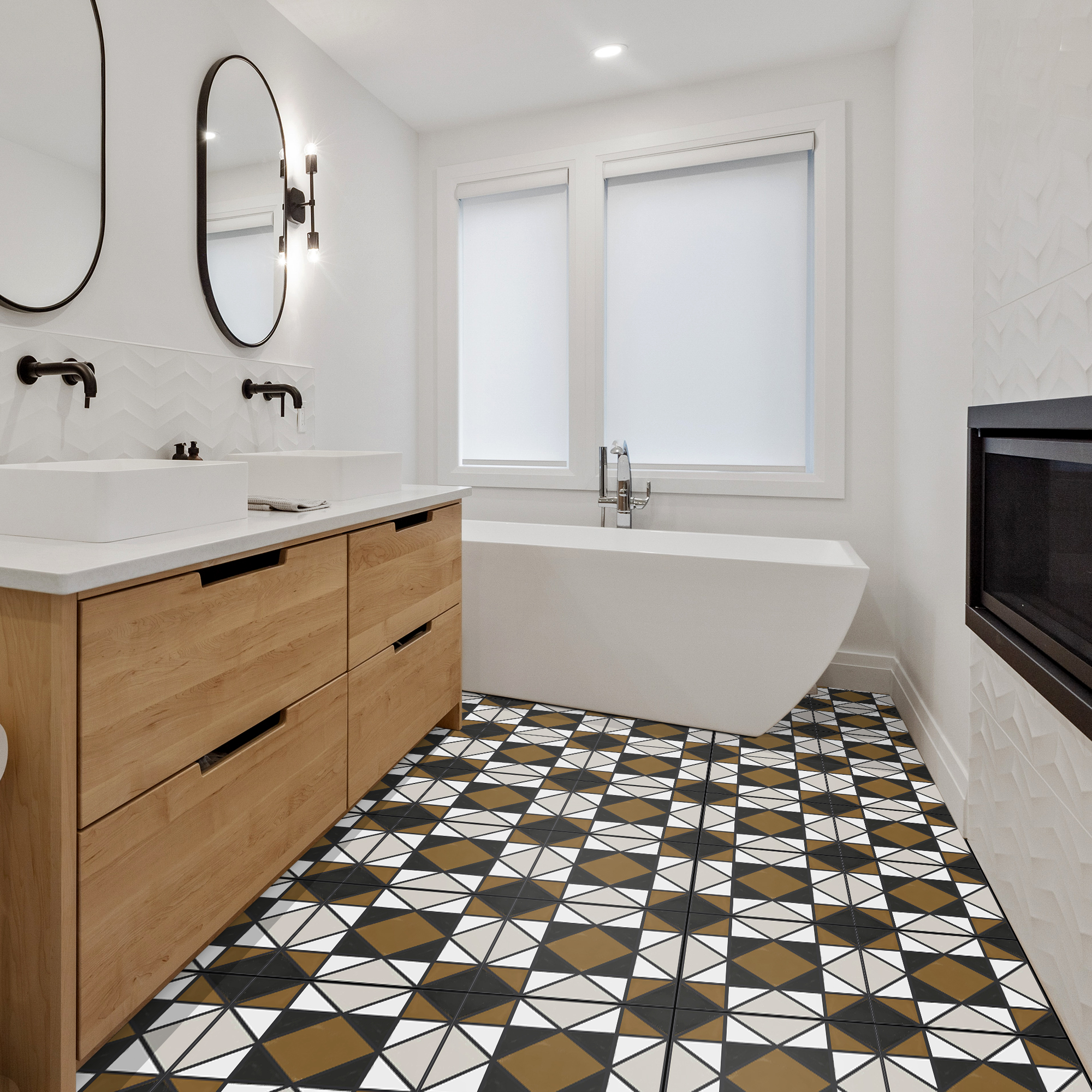 1 | Casadart | Vinis Autocolantes, Papel de Parede e Painéis Decorativos Modern bathroom with a wooden double vanity, white sinks, oval mirrors, and black fixtures against a geometric tile floor.